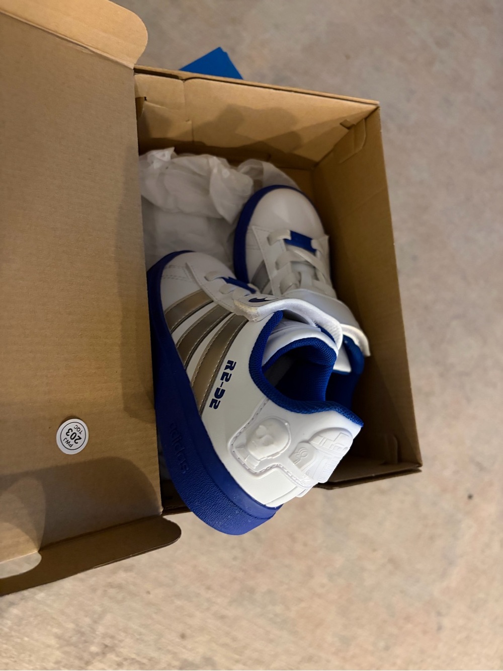 adidas Kids White and Blue Sneakers with Silver Stripes